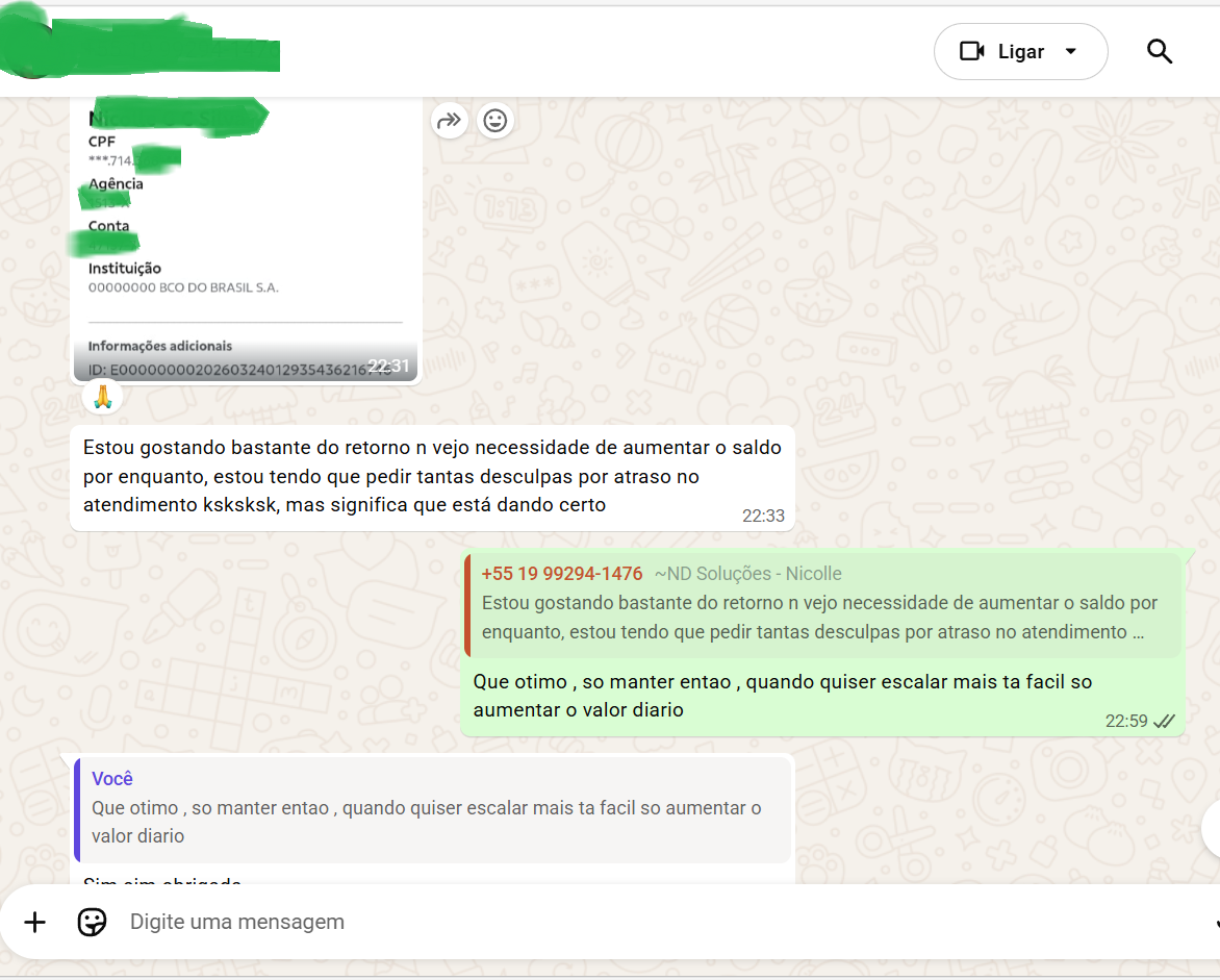 Print de cliente do nicho de empréstimos elogiando o retorno das campanhas e dizendo que a demanda aumentou.