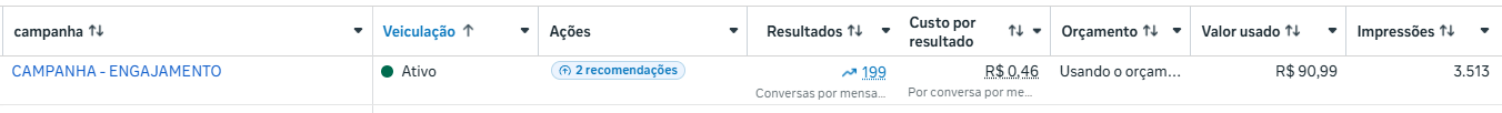 Print de campanha com 199 conversas por mensagem e custo por resultado de R$ 0,46.